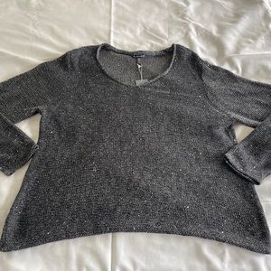 Eileen Fisher XL Soft V Neck Charcoal & Black Chainmail Knit Sequin Sweater